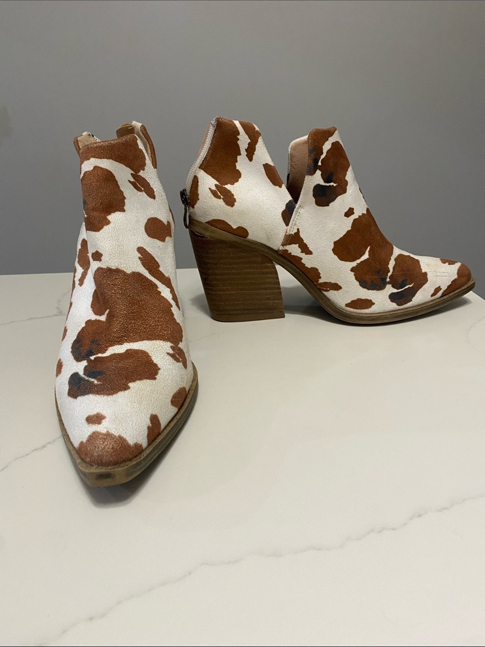 A RIDER GIRL Cow-Print Brown & White Cutout Ankle Booties - Women Size 9